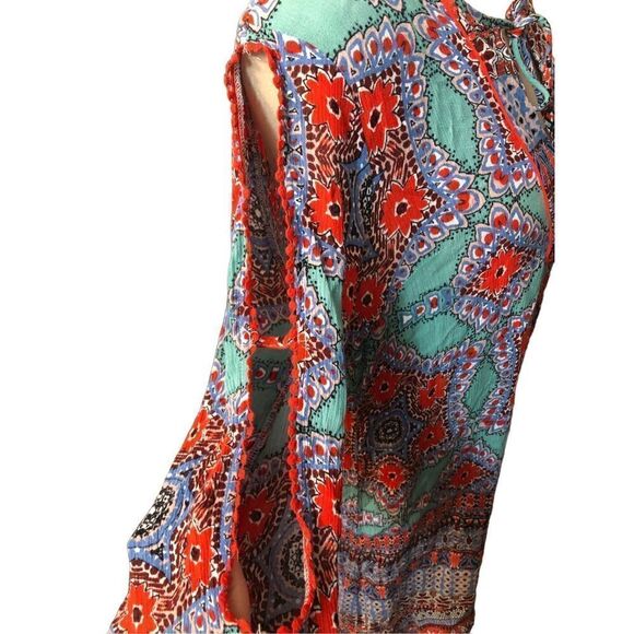 Democracy boho medallion teal and off red orangish paisley print 3/4 sleeves wit - Picture 4 of 12